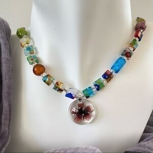 $49 SALE Handmade Chunky Millefiori Glass Necklace 18.75” Purple Flower NWT